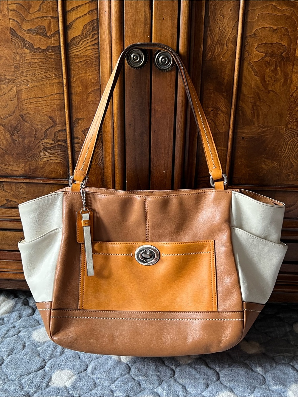 Coach Two-Tone Leather Shoulder Tote in Tan & Cream